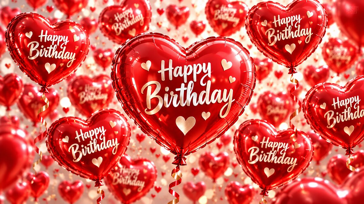 Red heart balloons that say Happy Birthday